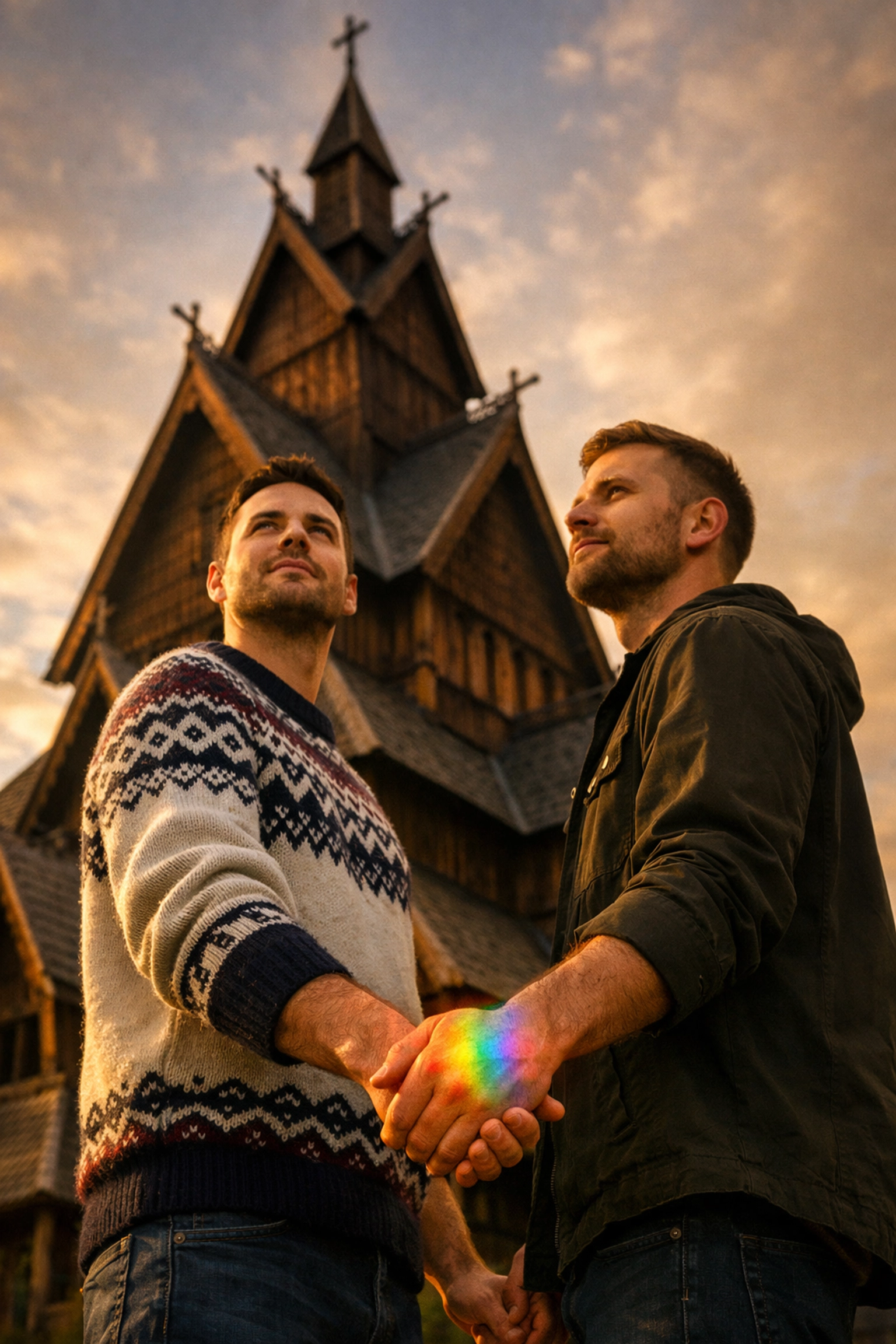Two men hold hands at a Scandinavian stave church, symbolizing LGBTQ+ inclusion in modern faith.
