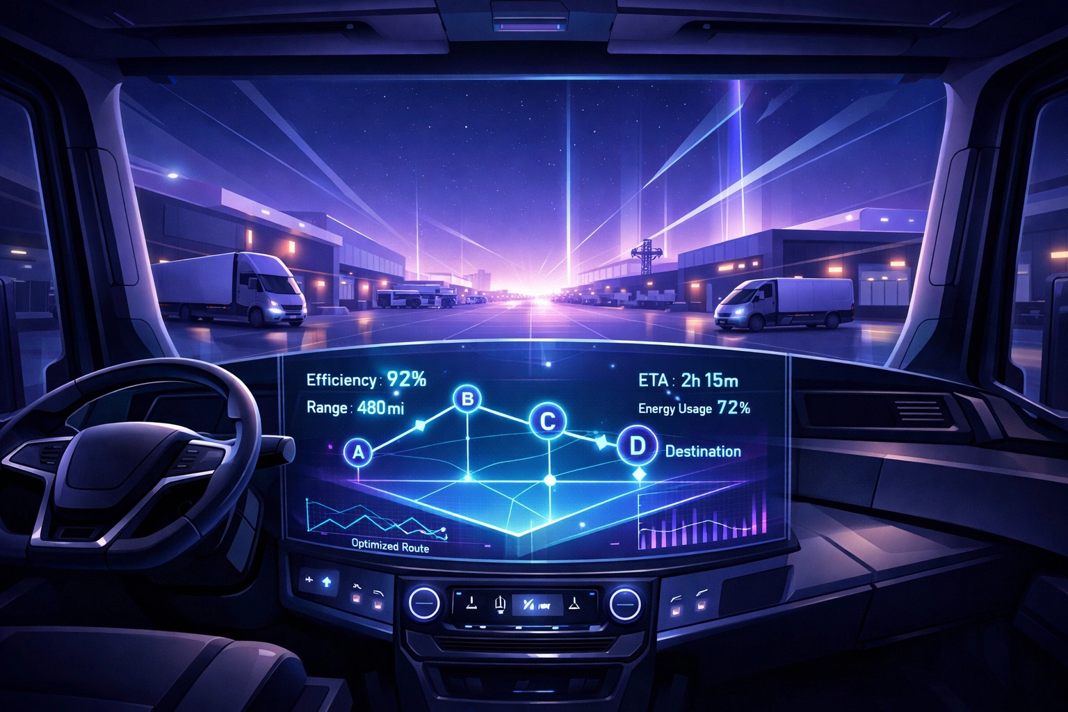 High-tech truck cabin interior showing the future of modern HGV driver jobs and logistics.