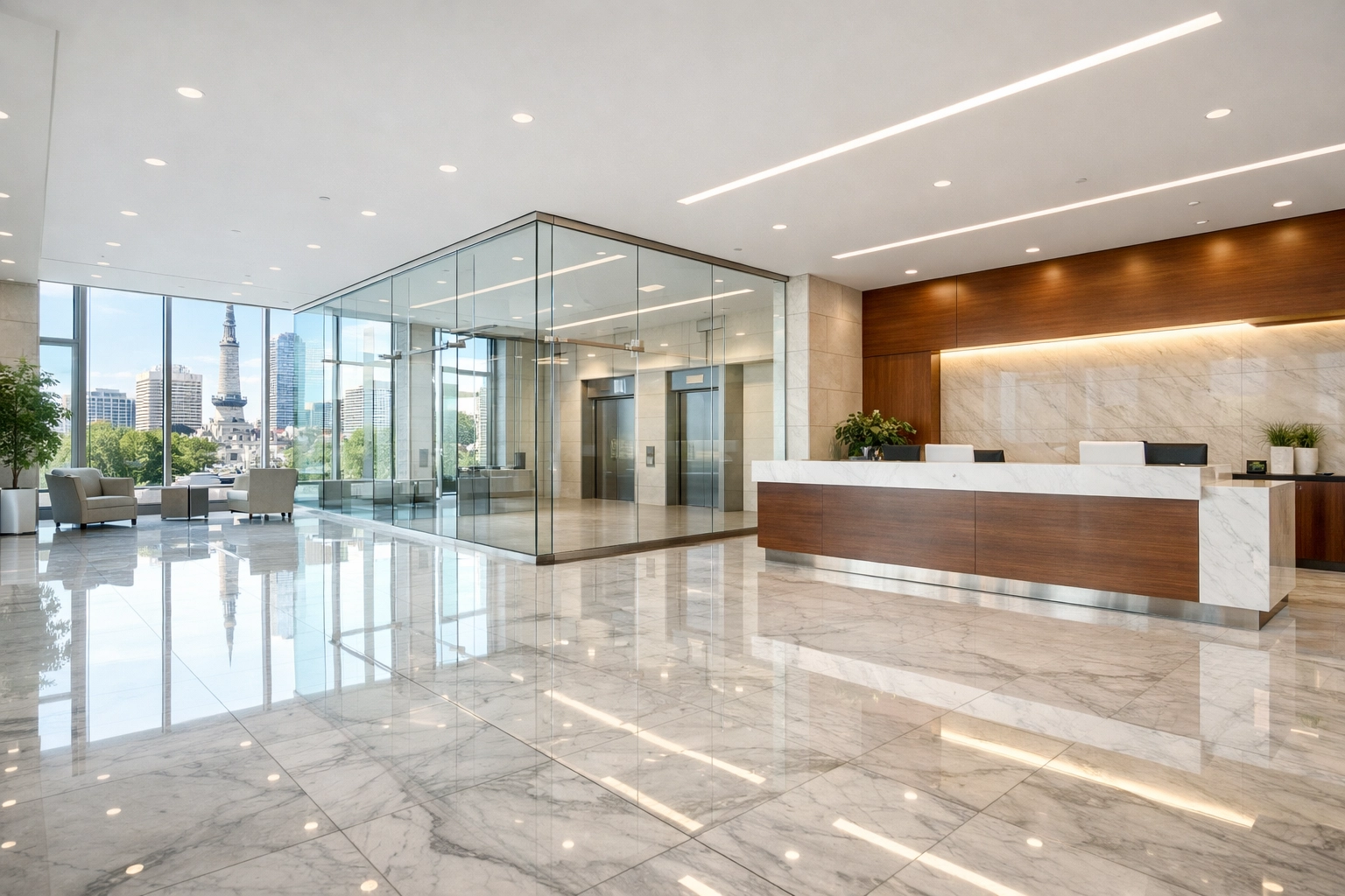 A pristine commercial building lobby in Indianapolis with polished marble floors ready for a new tenant.