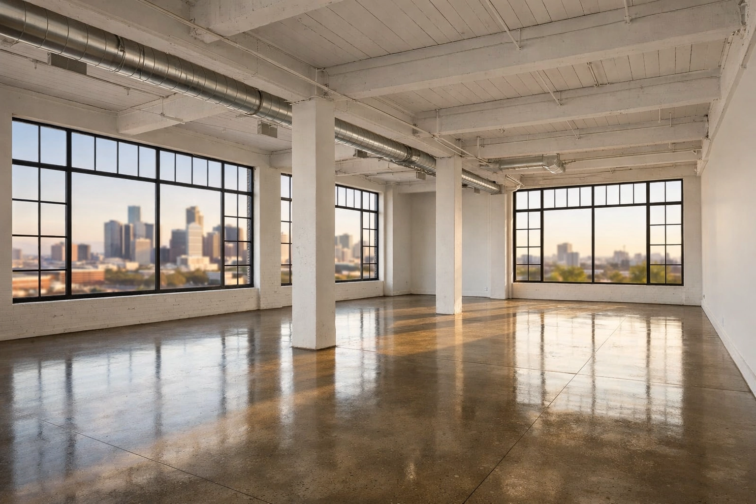 Pristine empty industrial loft in Detroit ready for new tenants after professional move-out cleaning.