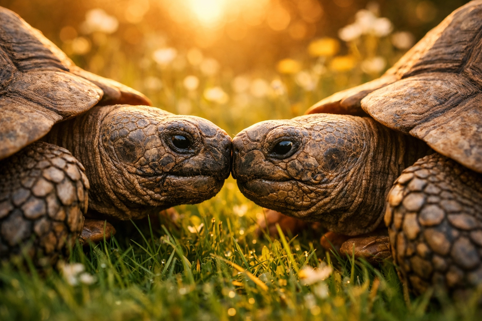 Tortoises touching noses in a meadow, showing a natural slow burn connection and universal love.