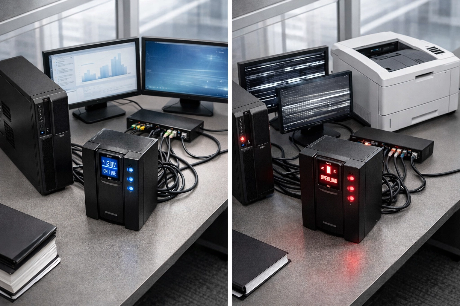 UPS unit overload comparison with laser printer causing system failure