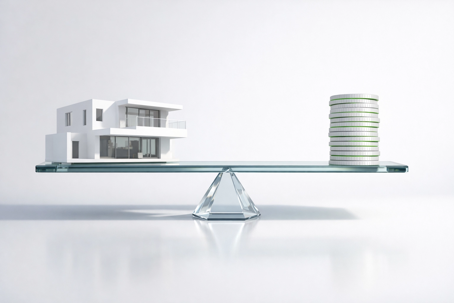 A modern house model balanced with coins on a scale representing DSCR loan cash flow ratios.