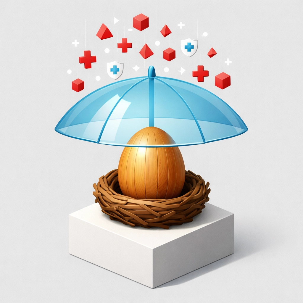 A nest egg shielded by an umbrella to represent protecting retirement savings from medical costs.