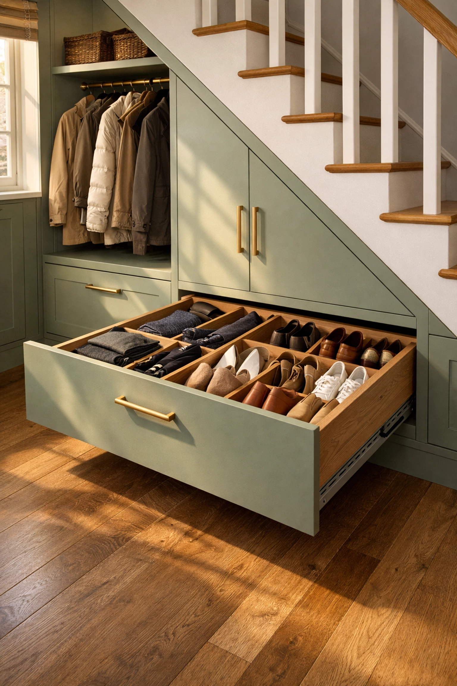 Bespoke under-stairs storage with sage green cabinetry and pull-out drawers in a West Sussex home.