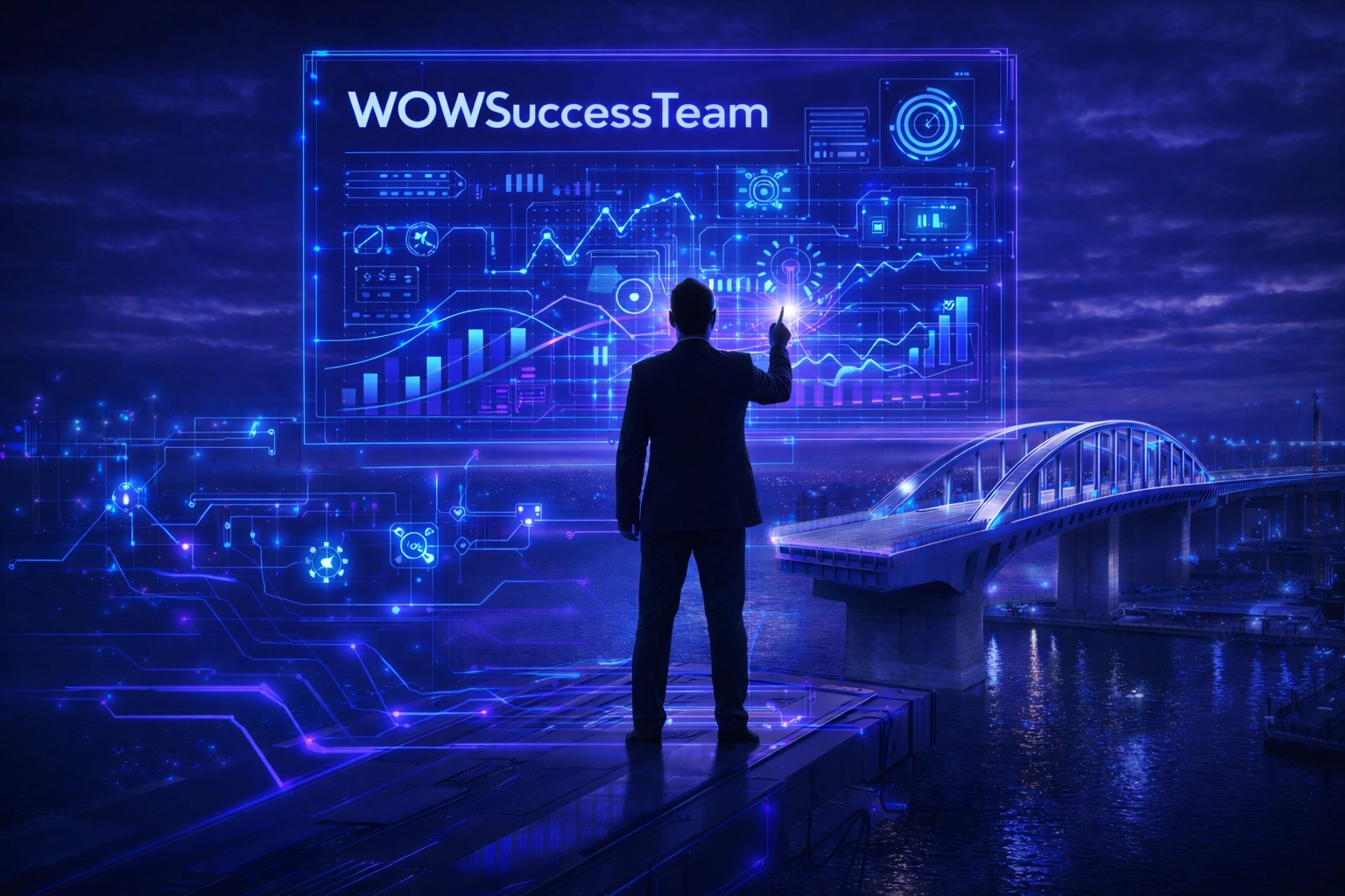 Strategic business architect working with holographic blueprints, digital bridge architecture, systems flow lines, and engineered growth visuals in blue, purple, and teal.