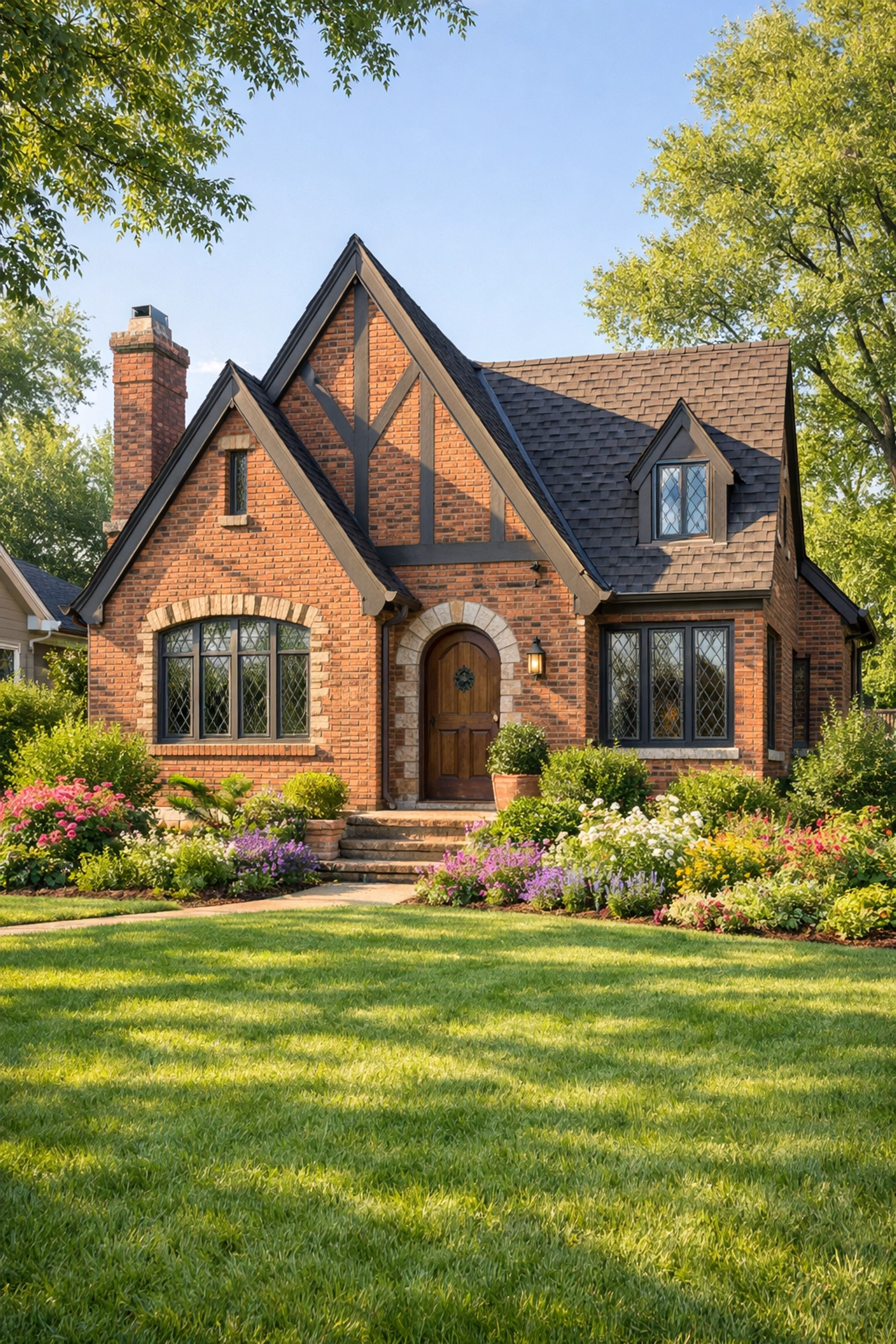 Historic 1930s Tudor-style home with red brick and gables in Denver's Bonnie Brae neighborhood.