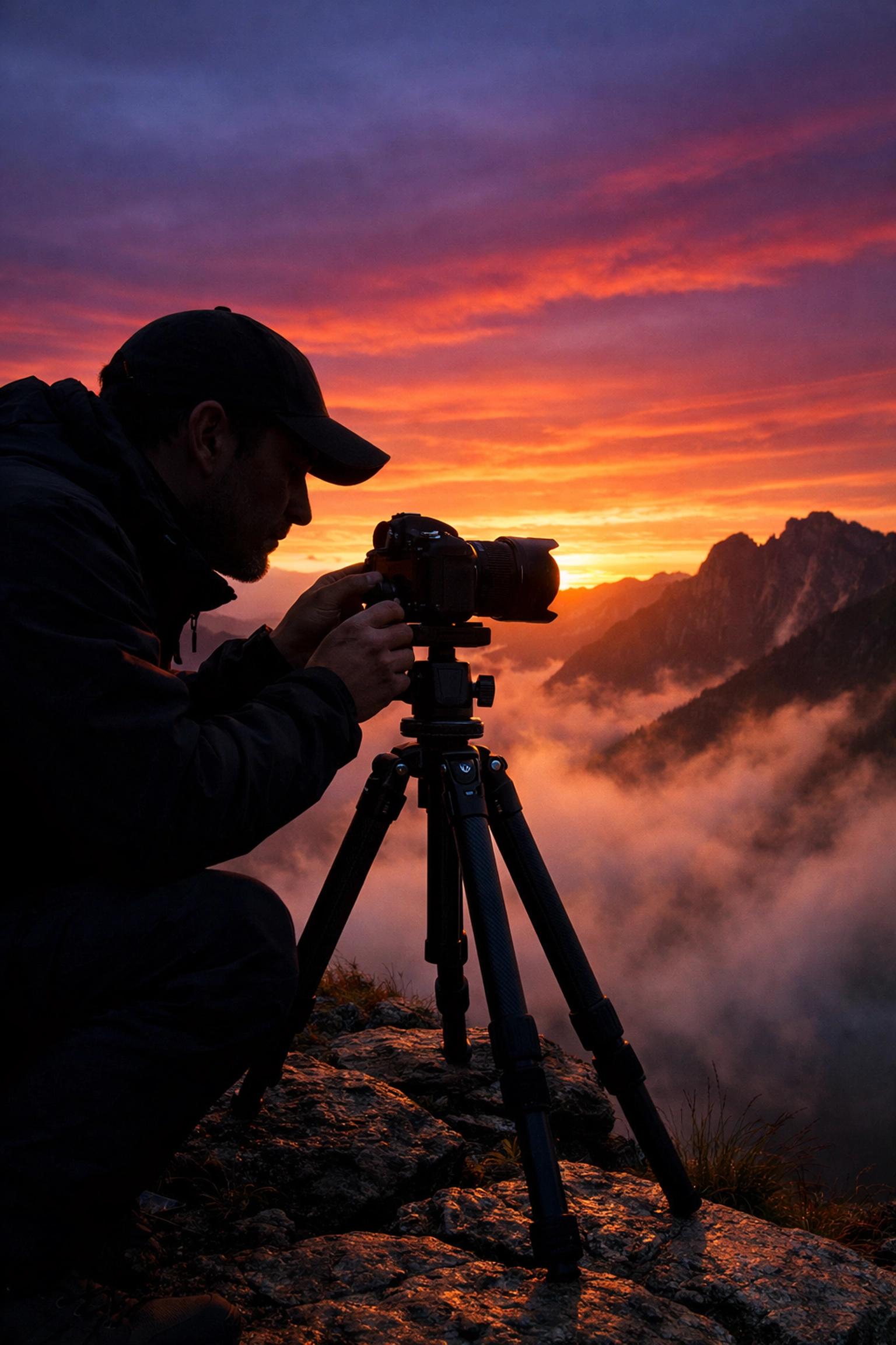 Photographer silhouette at sunset capturing a landscape shot using a tripod during golden hour.