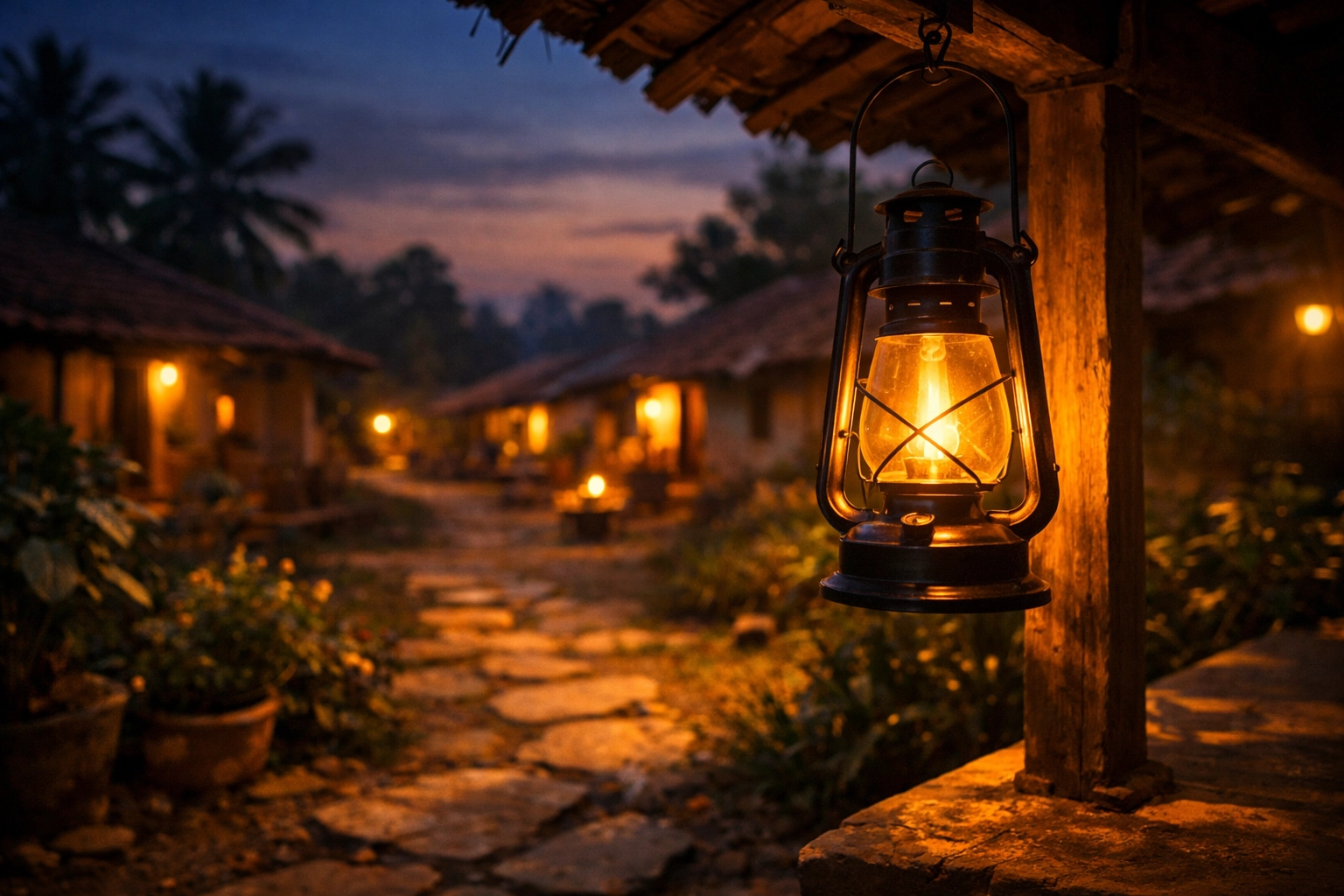 A glowing lantern on an Indian porch at dusk, symbolizing a home as a beacon of light and prayer.