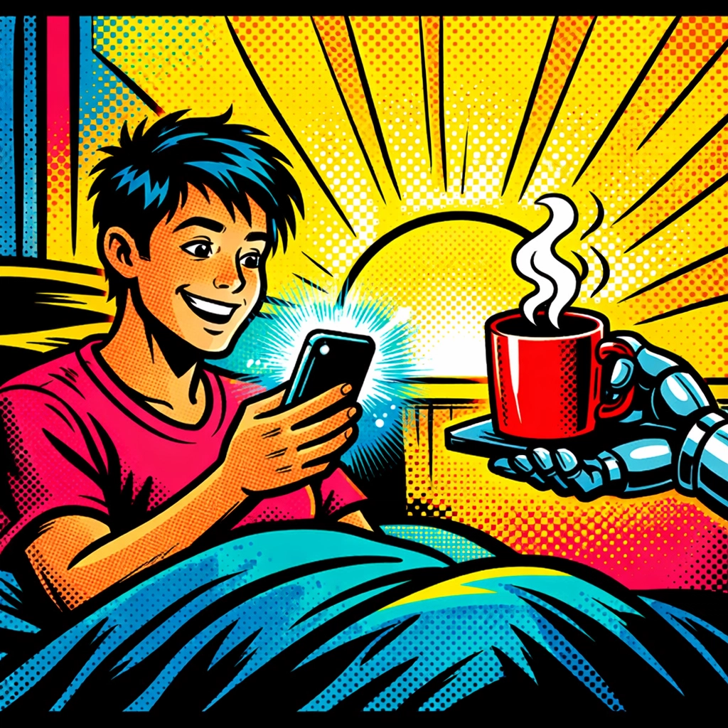 AI virtual assistant managing morning tasks and serving coffee for a small business owner.