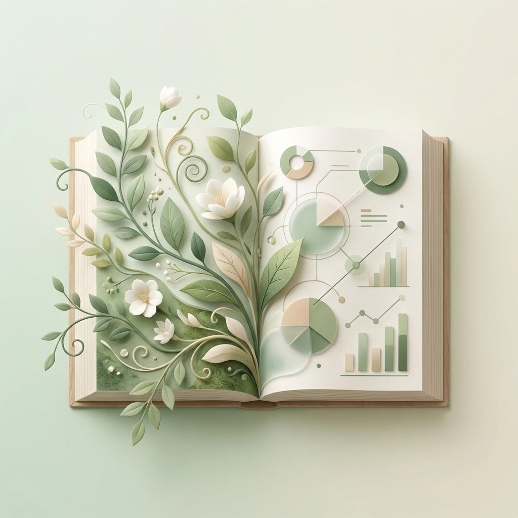 Open book blending with vines and data, illustrating evidence-based practices in holistic health