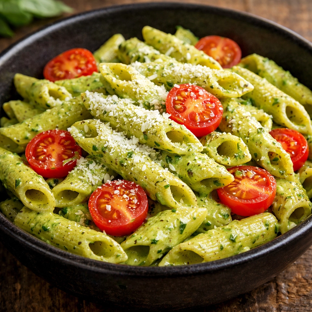 Creamy 5-ingredient pesto pasta with cherry tomatoes and parmesan, a quick easy weeknight dinner.