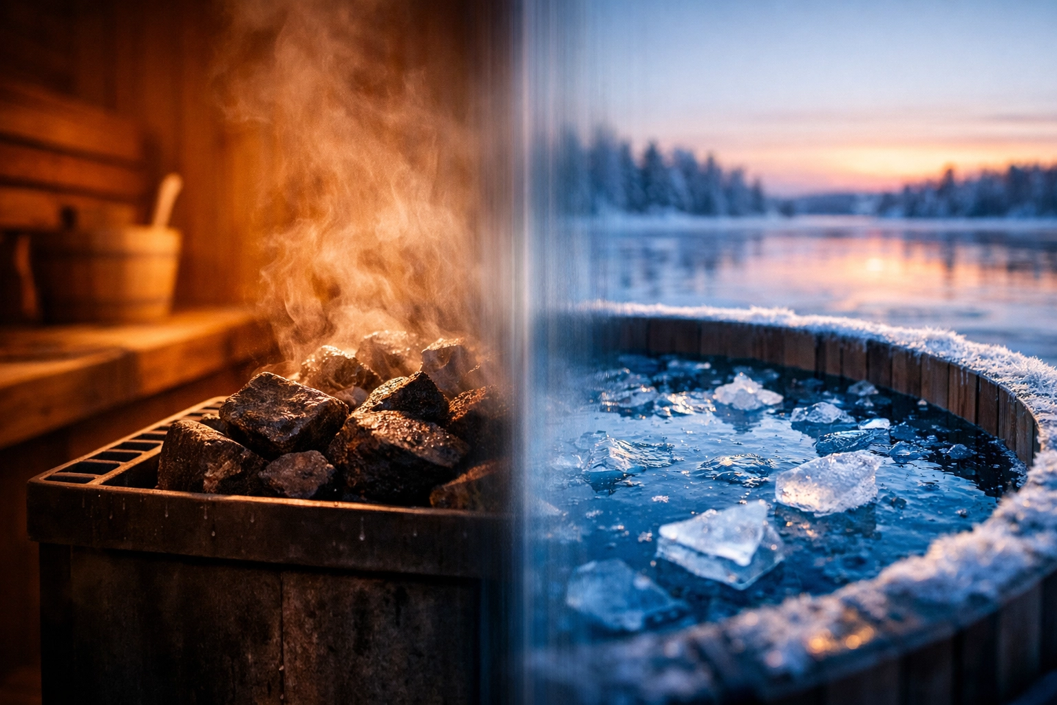 Split screen showing a sauna and ice bath for metabolic stress and mitochondrial recovery.