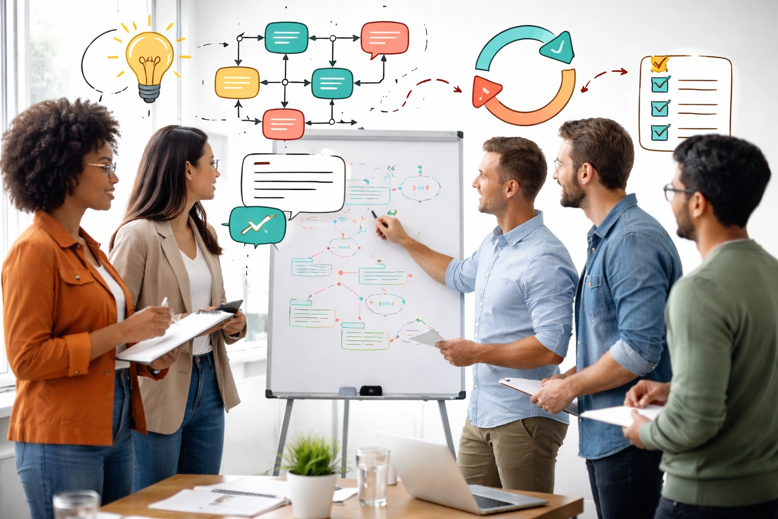 Diverse small business team at whiteboard illustrating effective change management under ISO 9001:2026