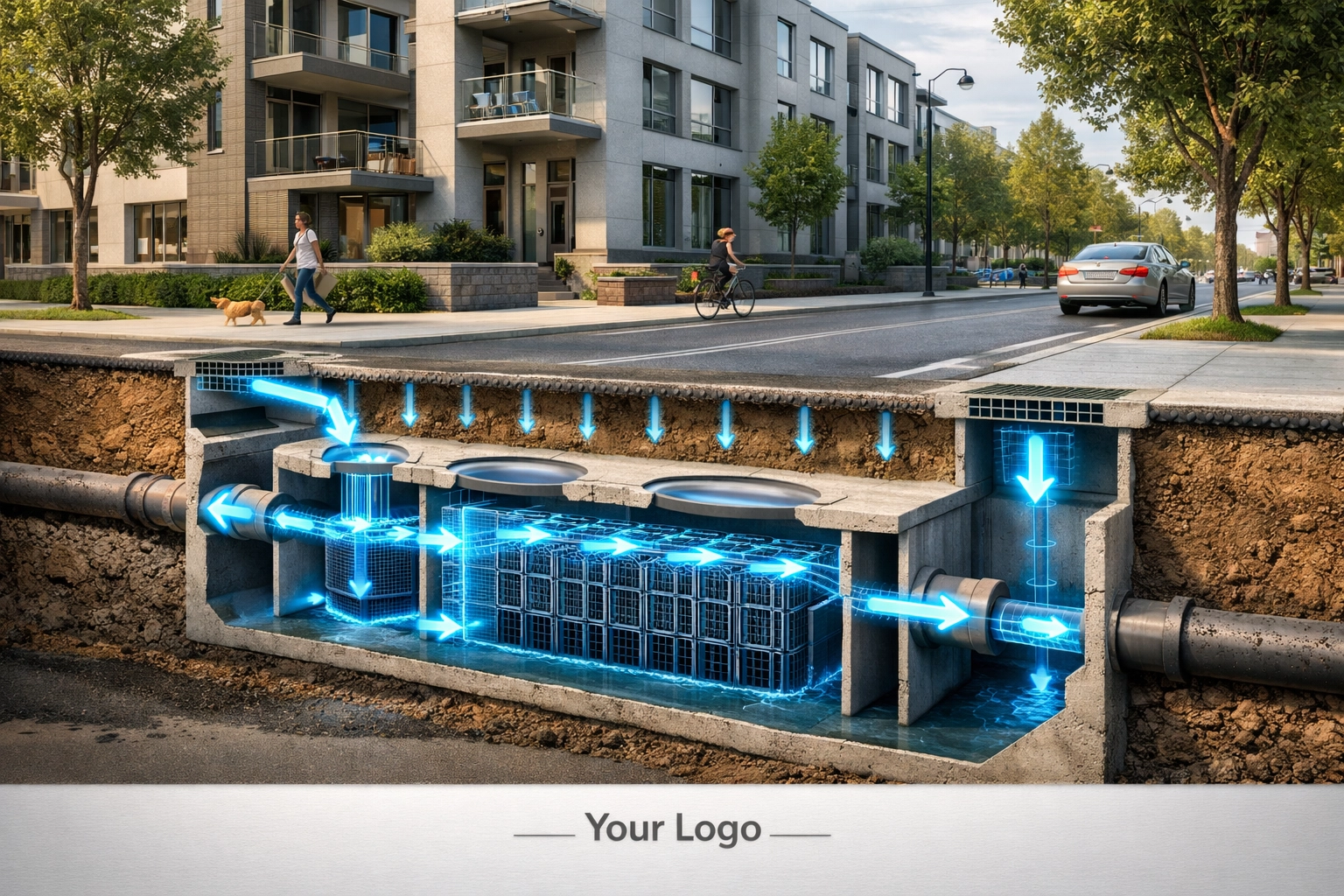 Underground stormwater management tank and drainage system for a modern Ontario multi-unit residential development.