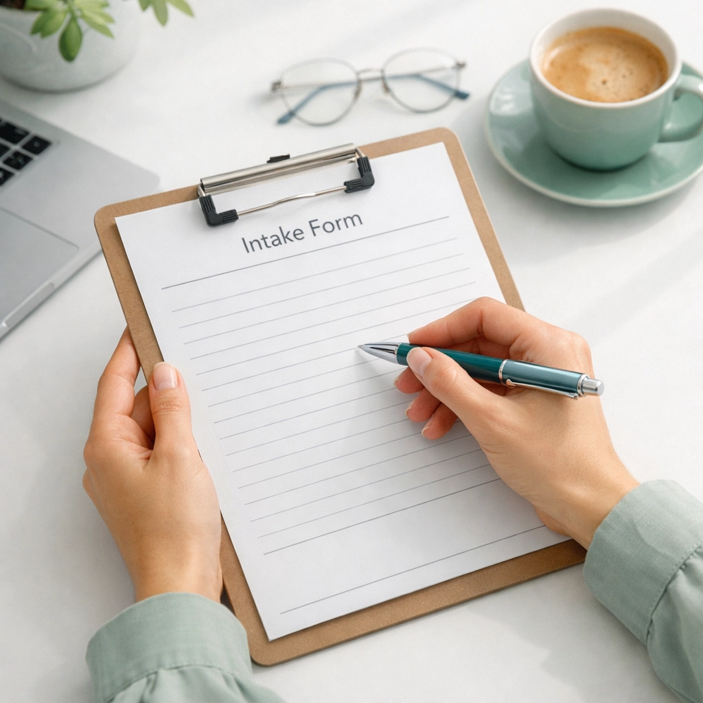 Intake specialist documenting rehab admission assessment using proven conversion framework