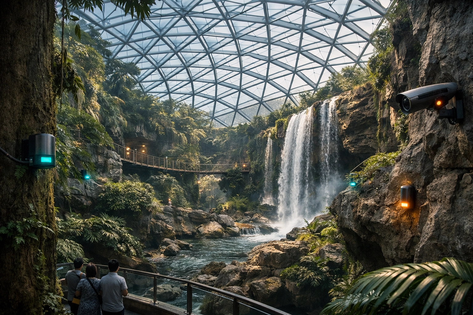 Smart zoo habitat with integrated IoT sensors monitoring a tropical rainforest enclosure for animal welfare.