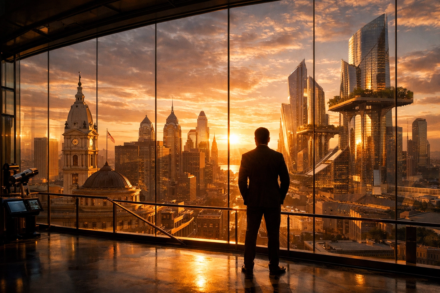 Modern entrepreneur viewing a futuristic city skyline, symbolizing 250 years of American small business resilience.