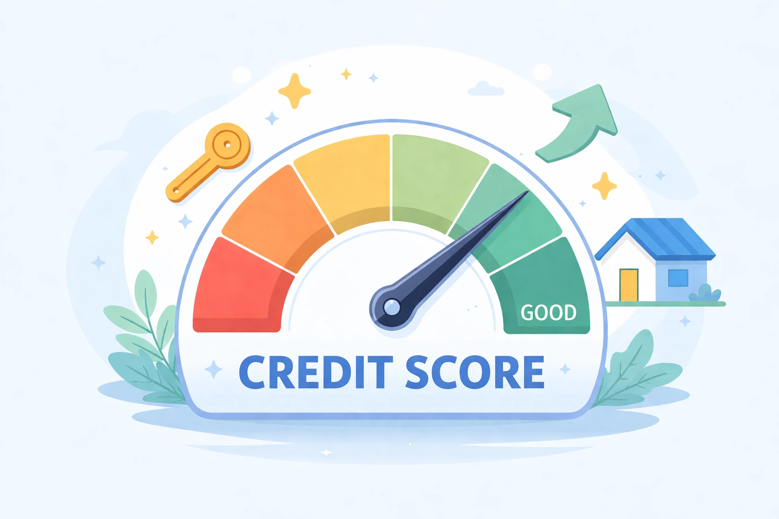 Medidor de score de crédito alto con iconos de casa y llave para préstamo hipotecario