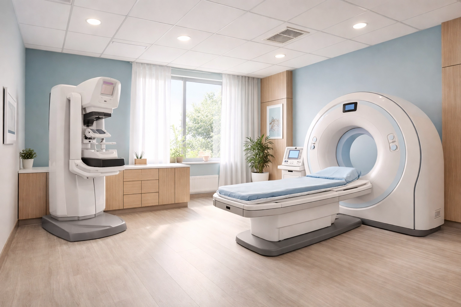 Modern cancer screening room with advanced diagnostic equipment, showing a safe and welcoming environment for early detection.