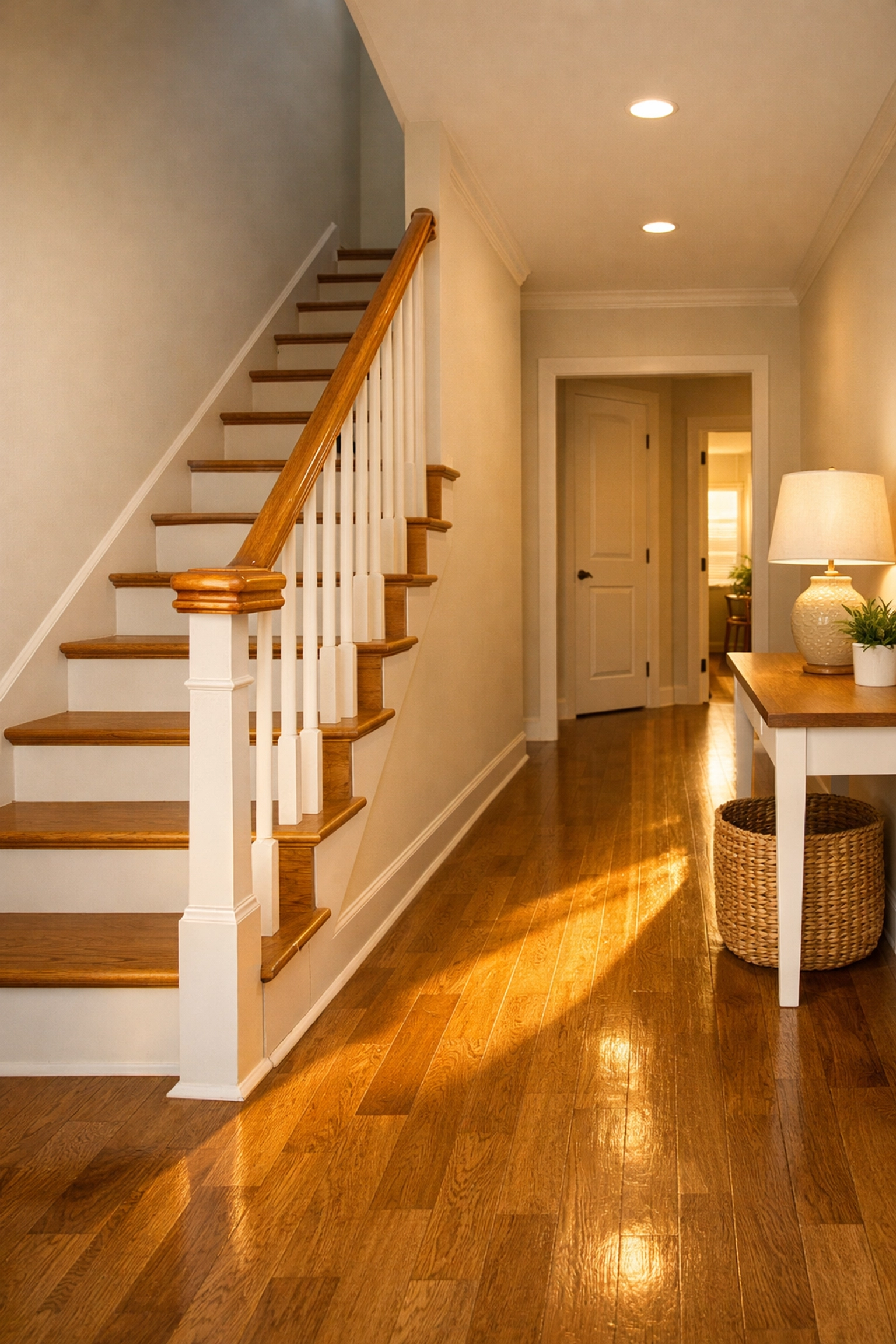 A wooden handrail extending past the bottom step into a clear, clutter-free hallway for better stair safety.