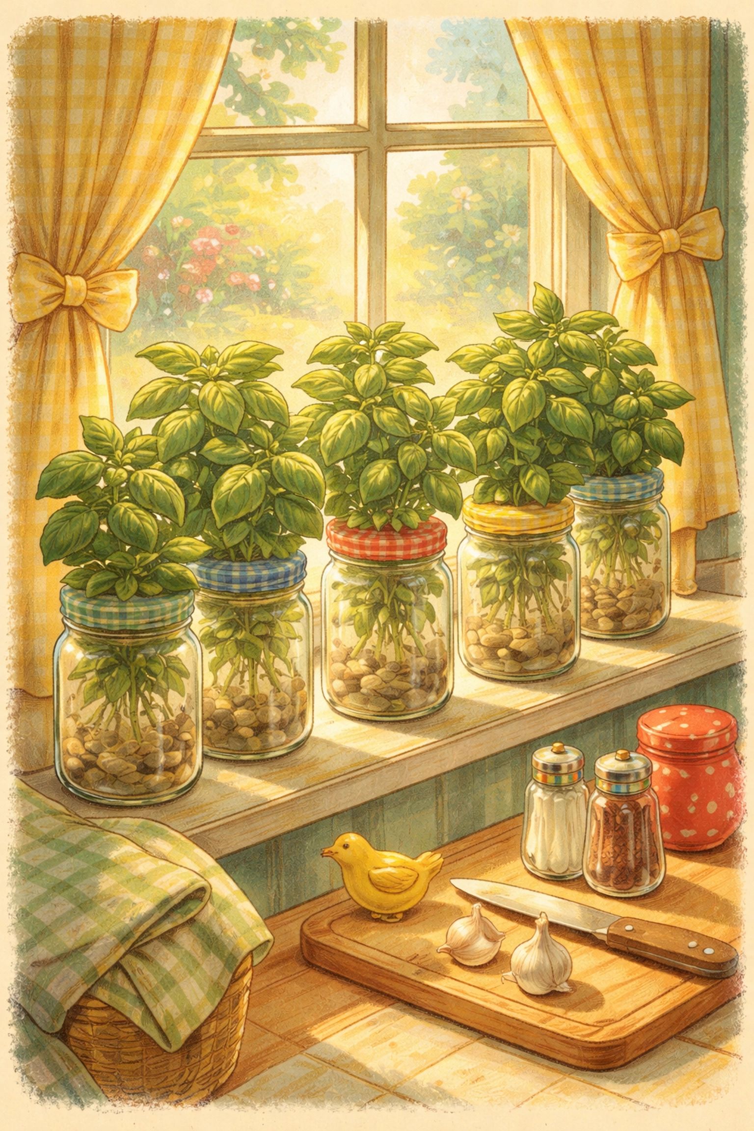 Kitchen windowsill with several recycled glass pasta jars growing vibrant basil plants in sunlight