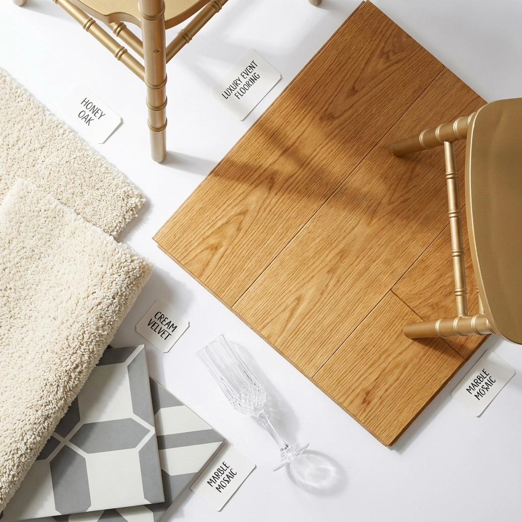 Luxury event flooring samples including hardwood, carpet, and patterned tiles arranged on white background