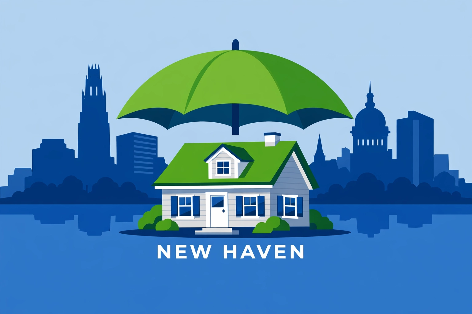 Illustration of a New Haven home under a protective umbrella representing the expanded 2026 SALT deduction cap.