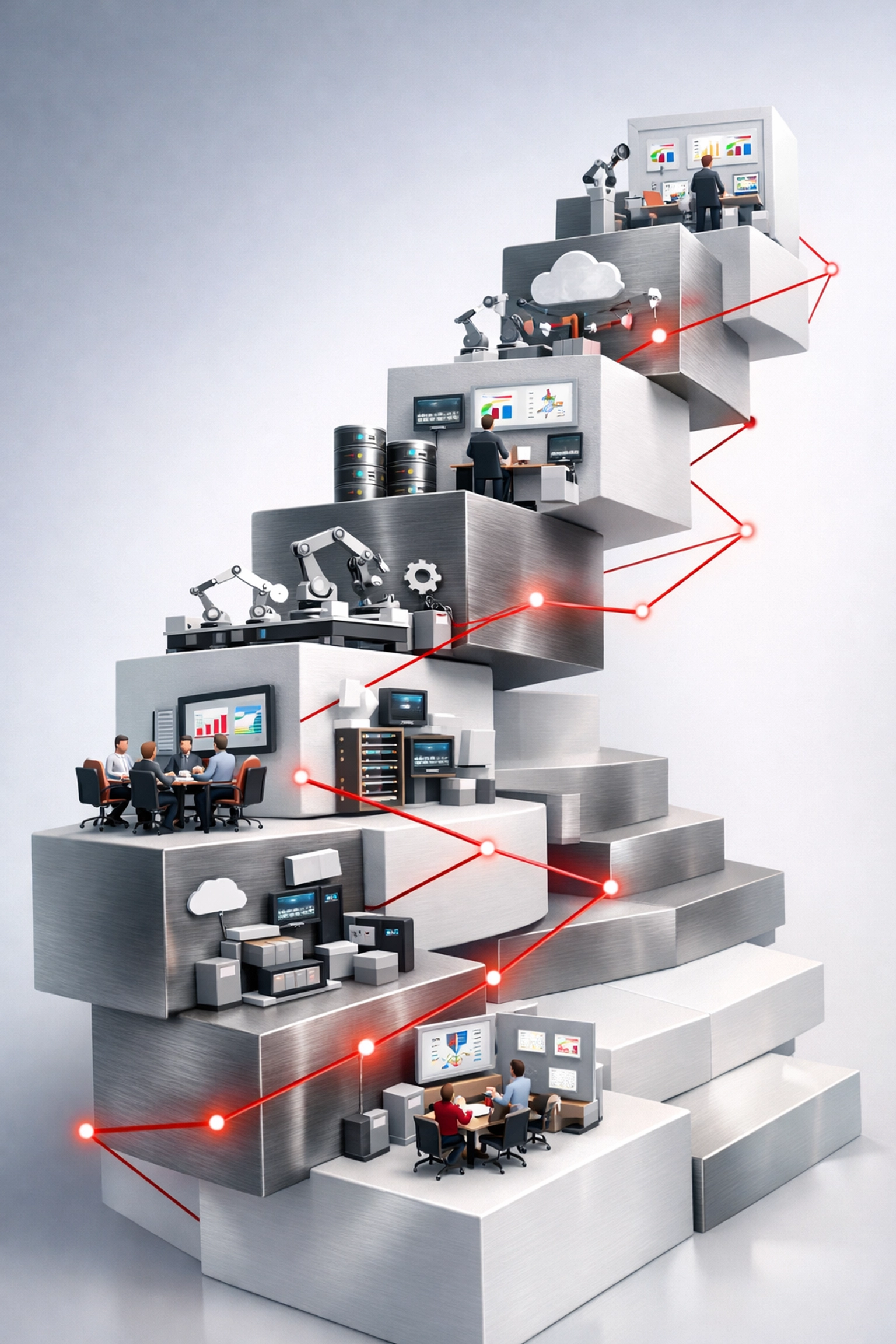 Modular building blocks ascending upward illustrating scalable enterprise transformation standardization