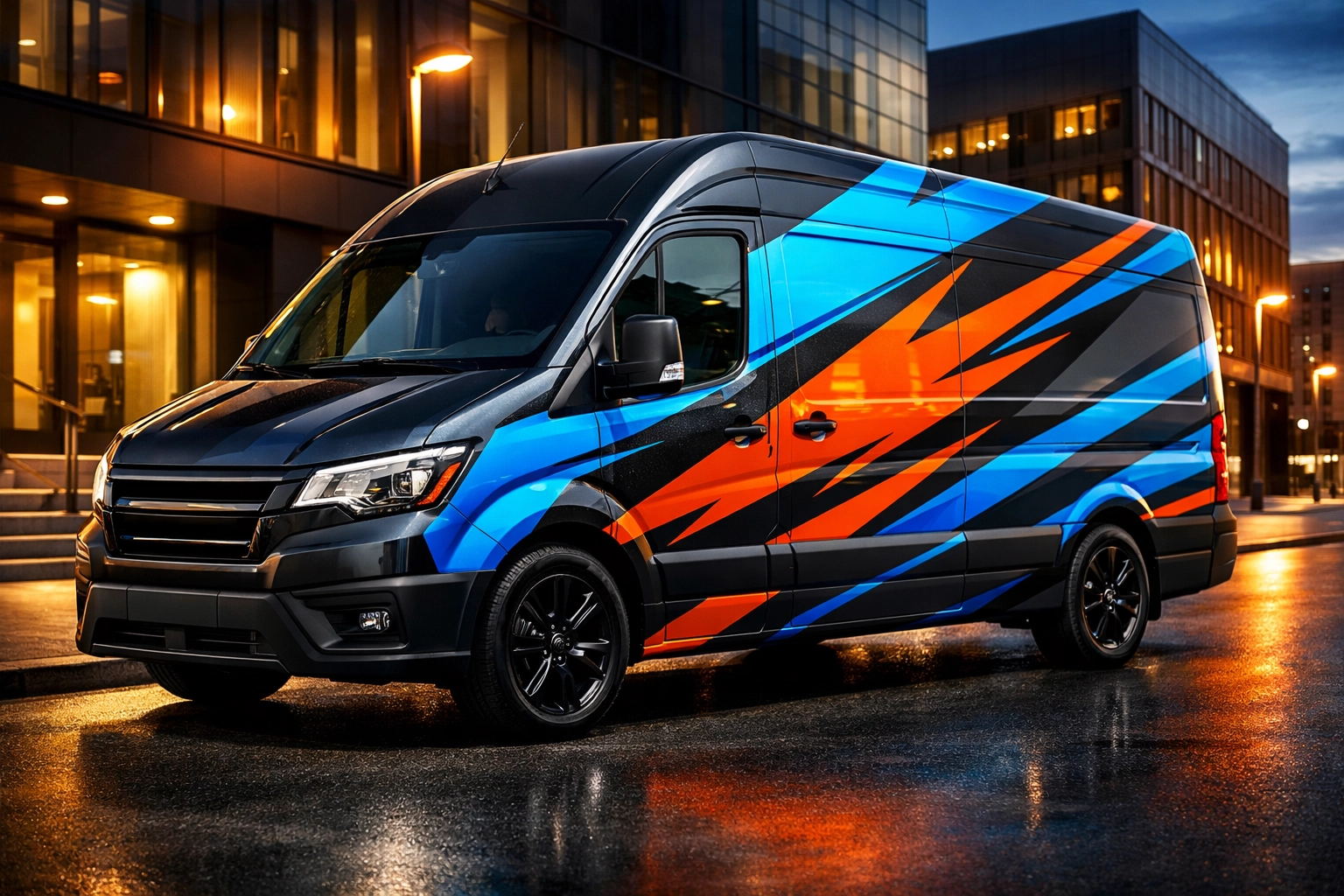 Professional car wrapping Albany NY on a delivery van with high-visibility geometric graphics.