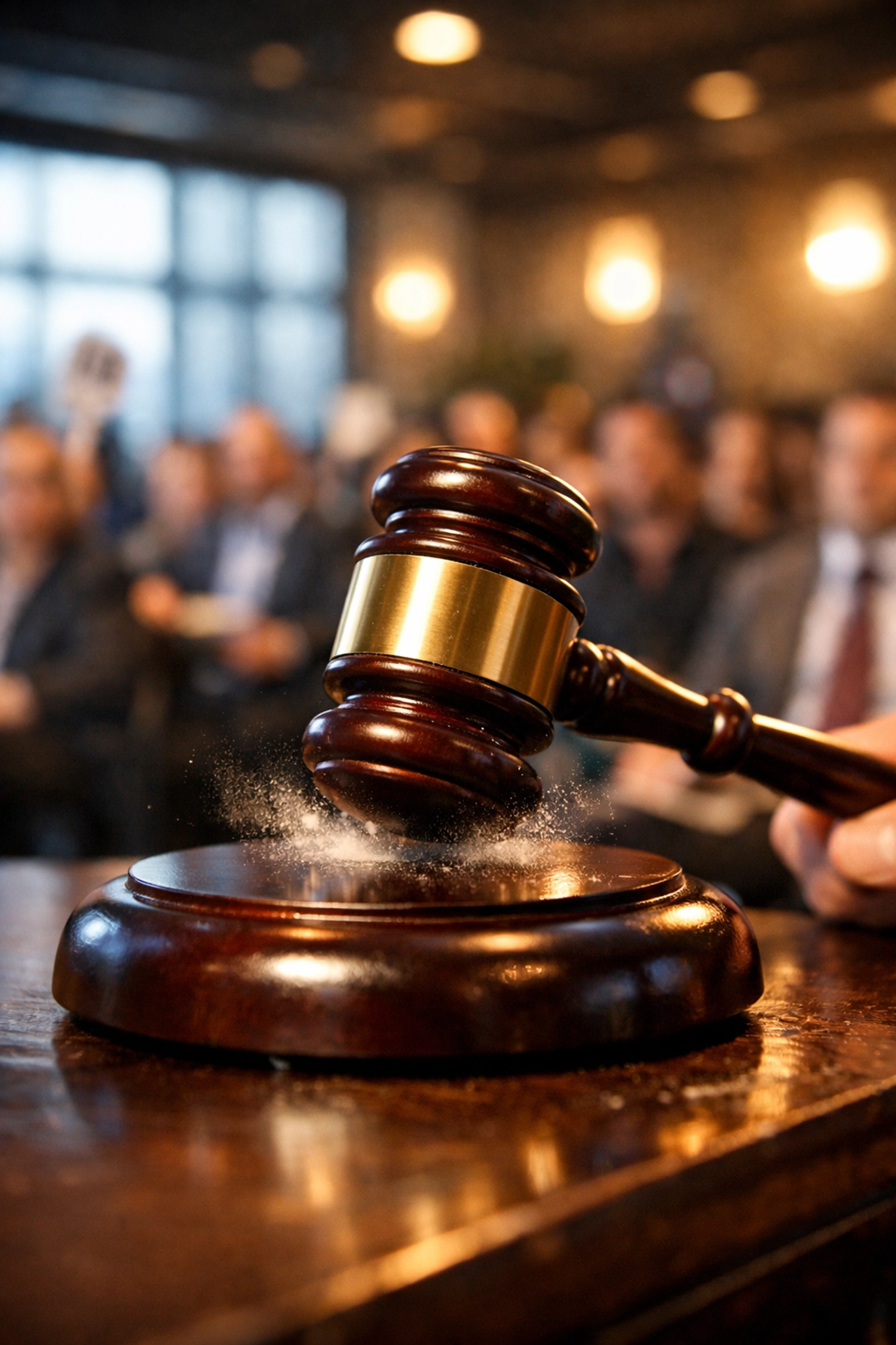 Close-up of a wooden gavel at a property auction representing the fast 28-day completion deadline.