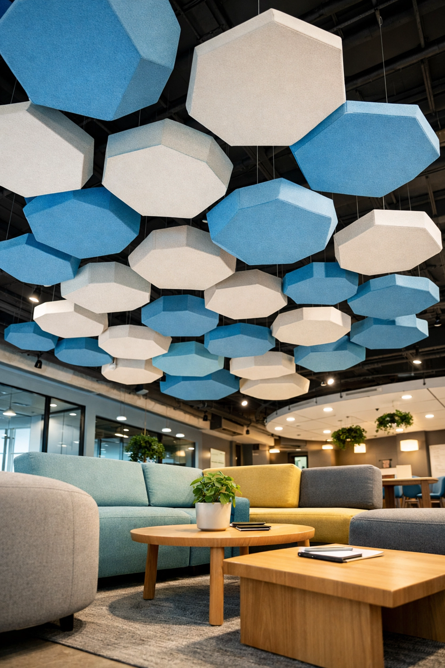 Hexagonal acoustic cloud ceilings in a modern office collaboration zone for noise reduction.