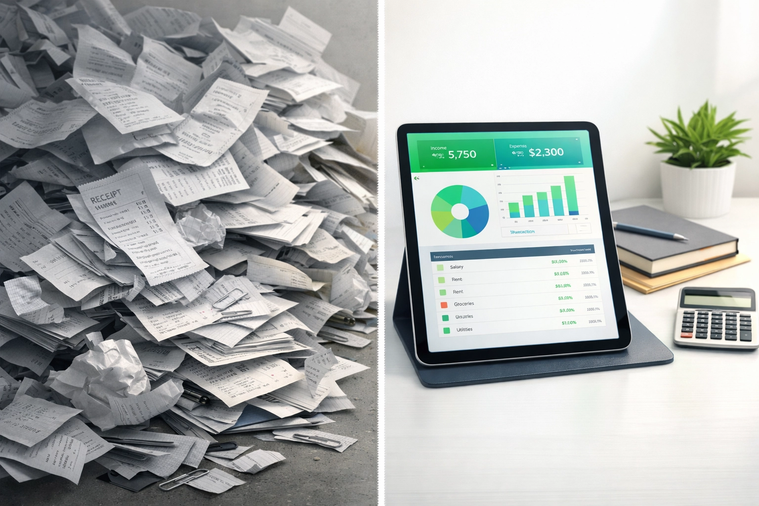 Contrast between disorganized receipts and organized digital financial data from professional bookkeeping