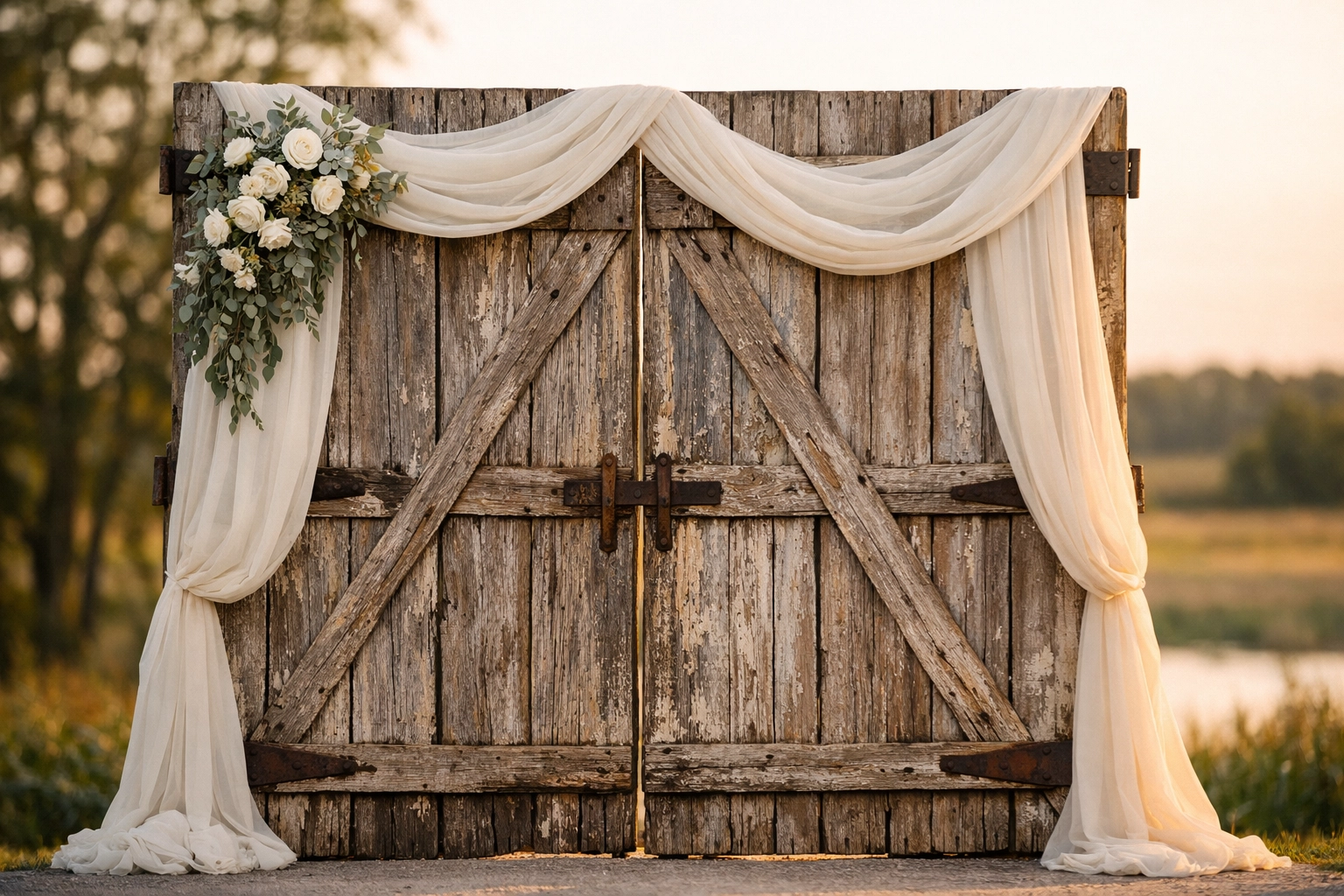 Antique barn door wedding backdrop rental in Fort Wayne, Northeast Indiana, with white chiffon and floral accents.