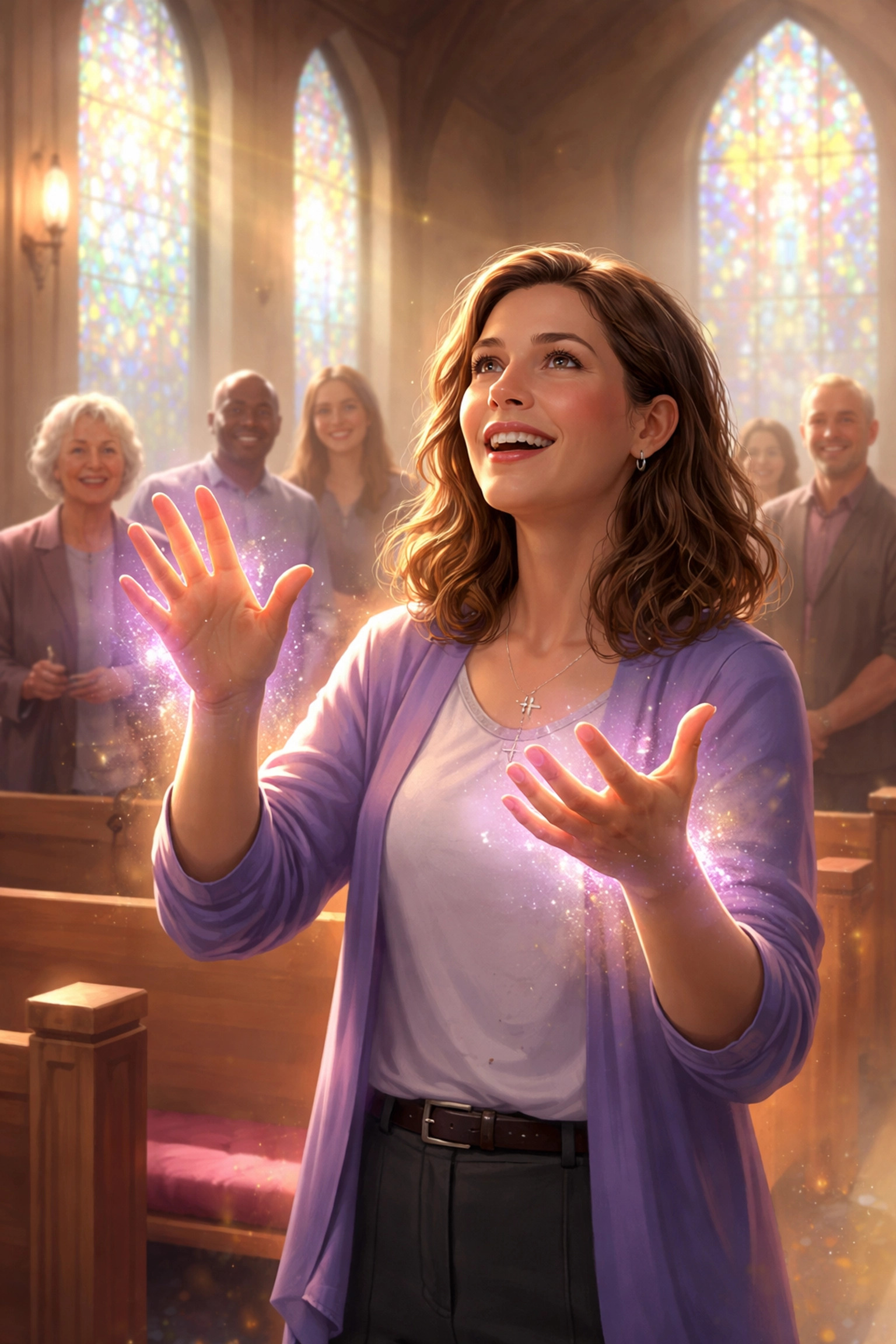 Deaf woman joyfully signing in church, surrounded by supportive community, illustrating accessible Holy Spirit evidence.