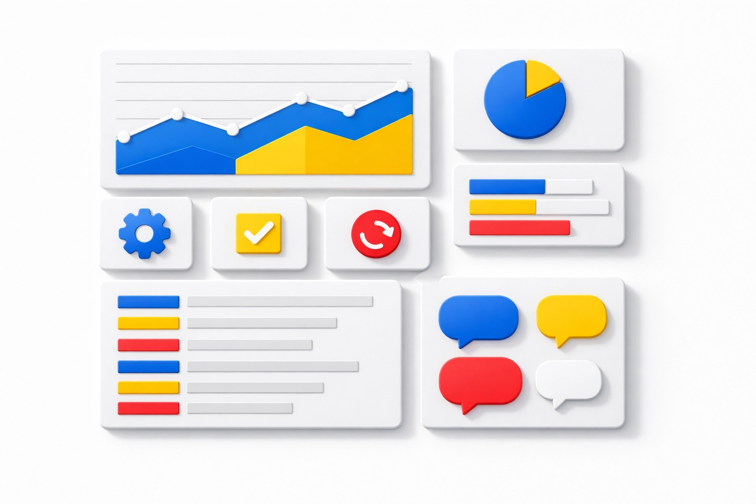 Organized support dashboard with chat bubbles representing automated canned responses and efficient customer messaging.
