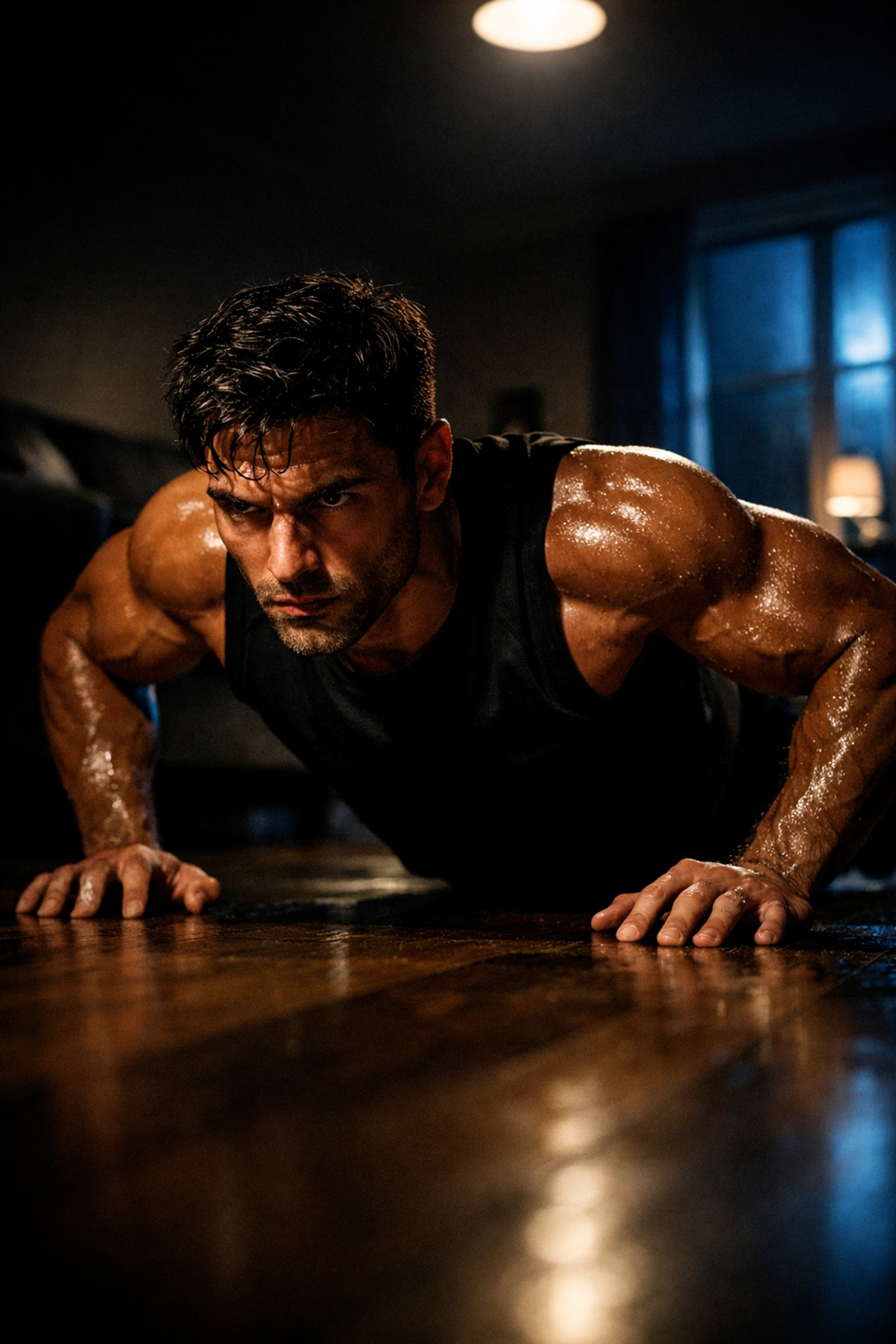Fit athlete performing an intense push-up during a full body workout at home in a minimalist living space