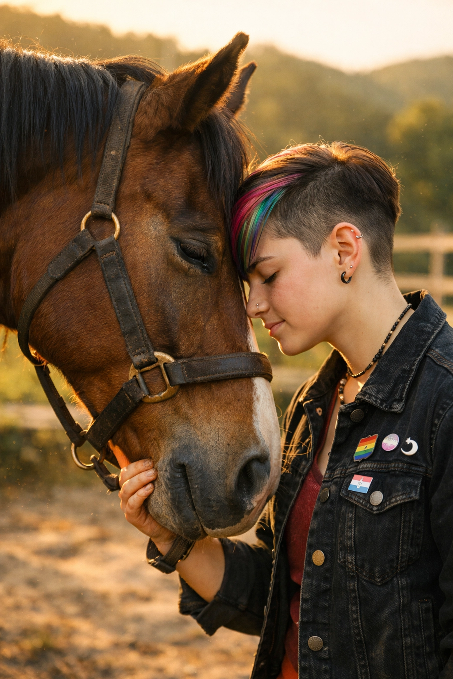 Non-binary teen experiencing emotional regulation and trust with a horse at a queer youth nature camp.