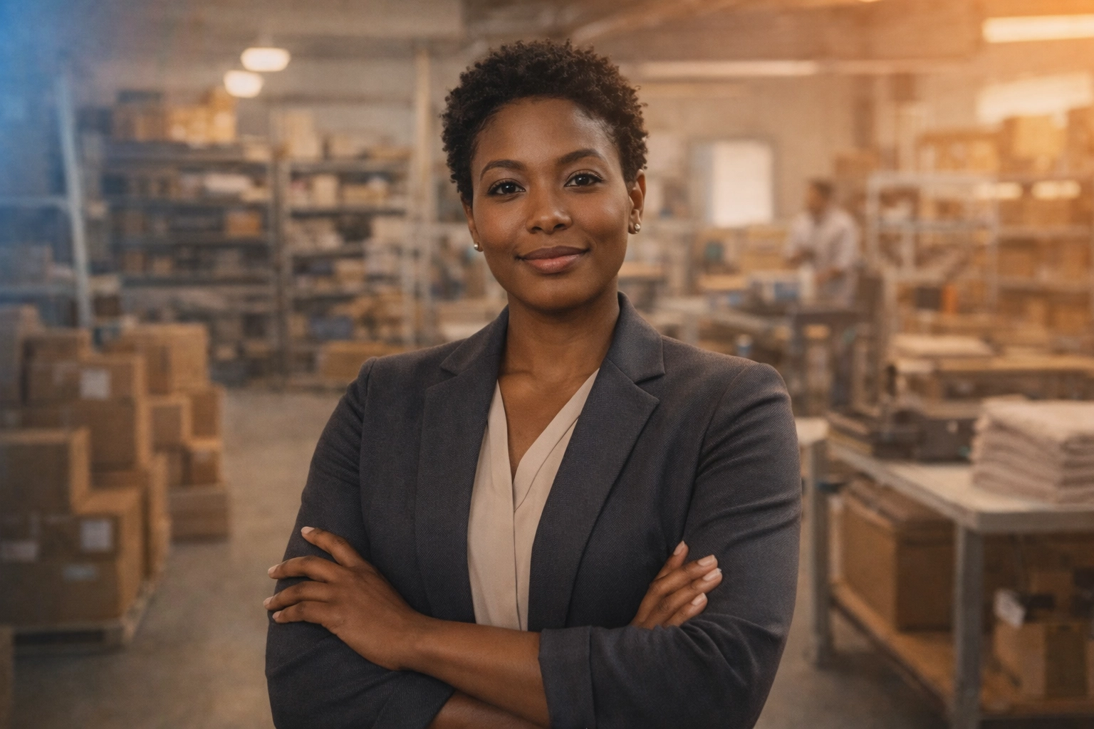 Confident Black woman entrepreneur in a small warehouse/production space, representing stability and sustainable growth; warm natural lighting and a matte finish.