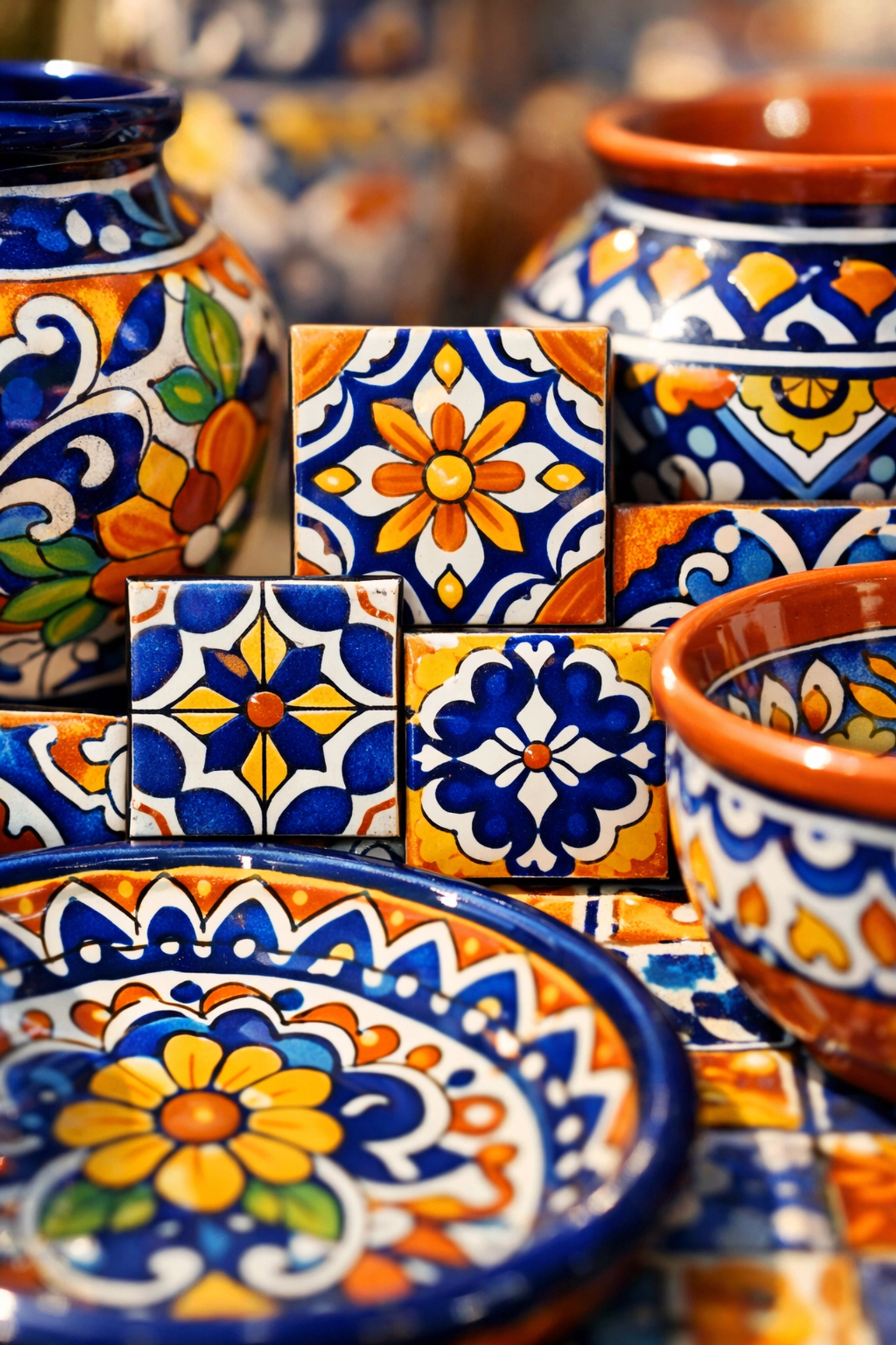 Traditional Mexican talavera tiles and hand-painted pottery showcasing local artisan craftsmanship