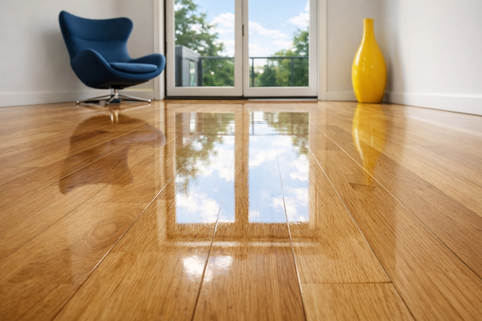 Gleaming polished hardwood floors in a luxury living room reflecting light after a professional deep clean.