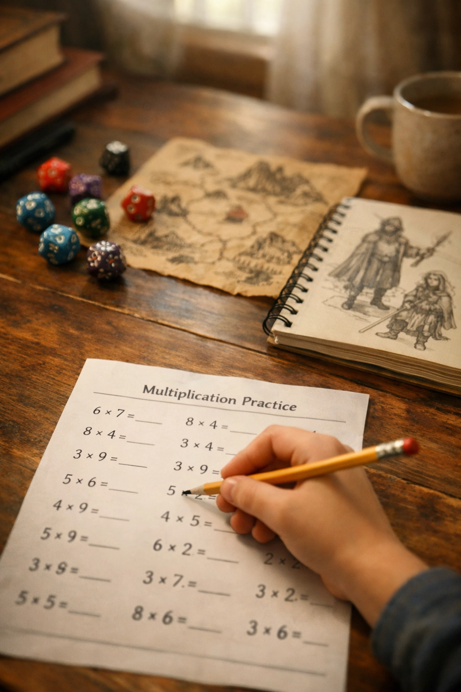 Homeschool math worksheet with dice and fantasy game materials on kitchen table
