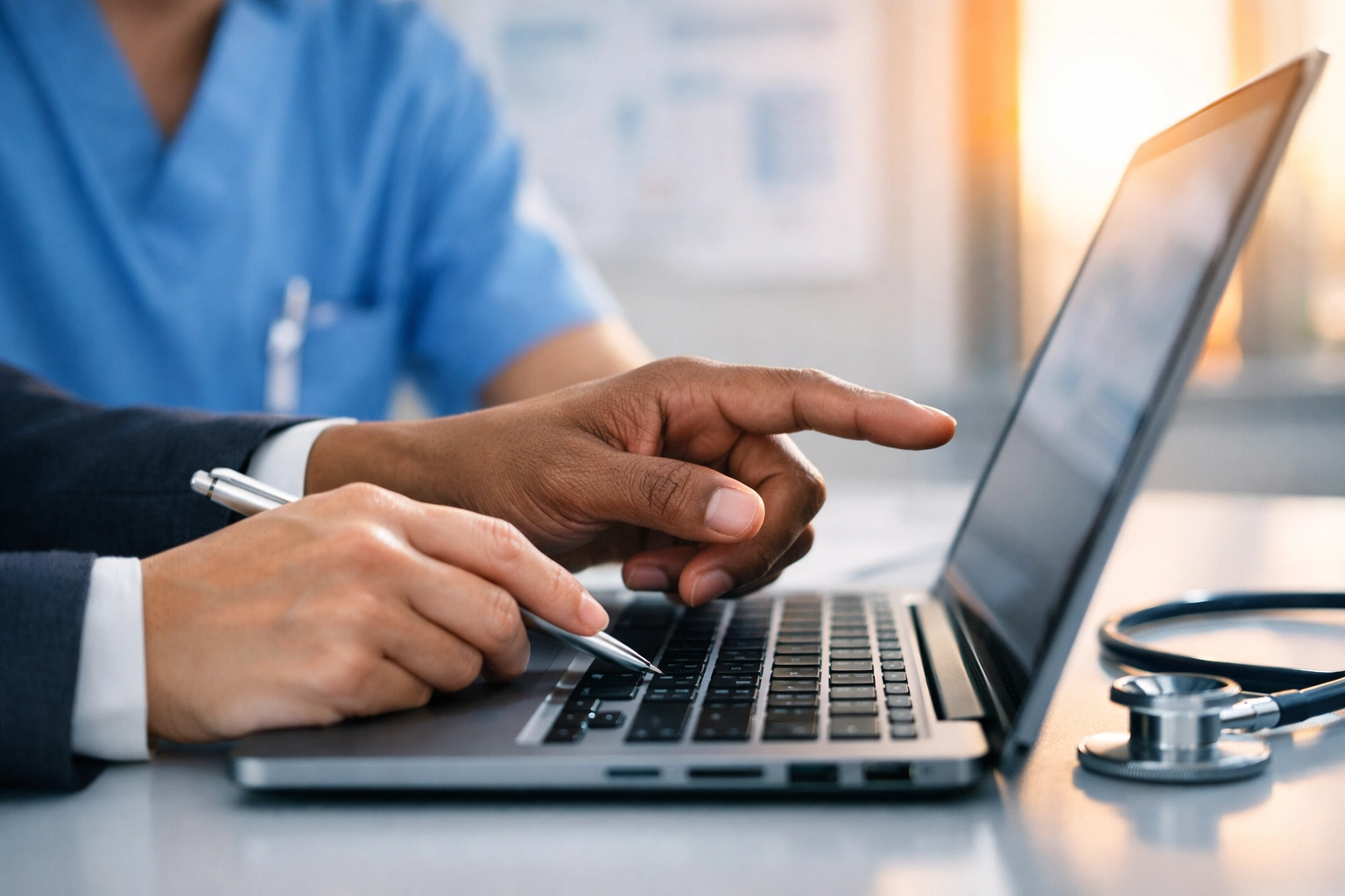 Healthcare administrator and clinician collaborating on streamlined staffing and credentialing digital documents.