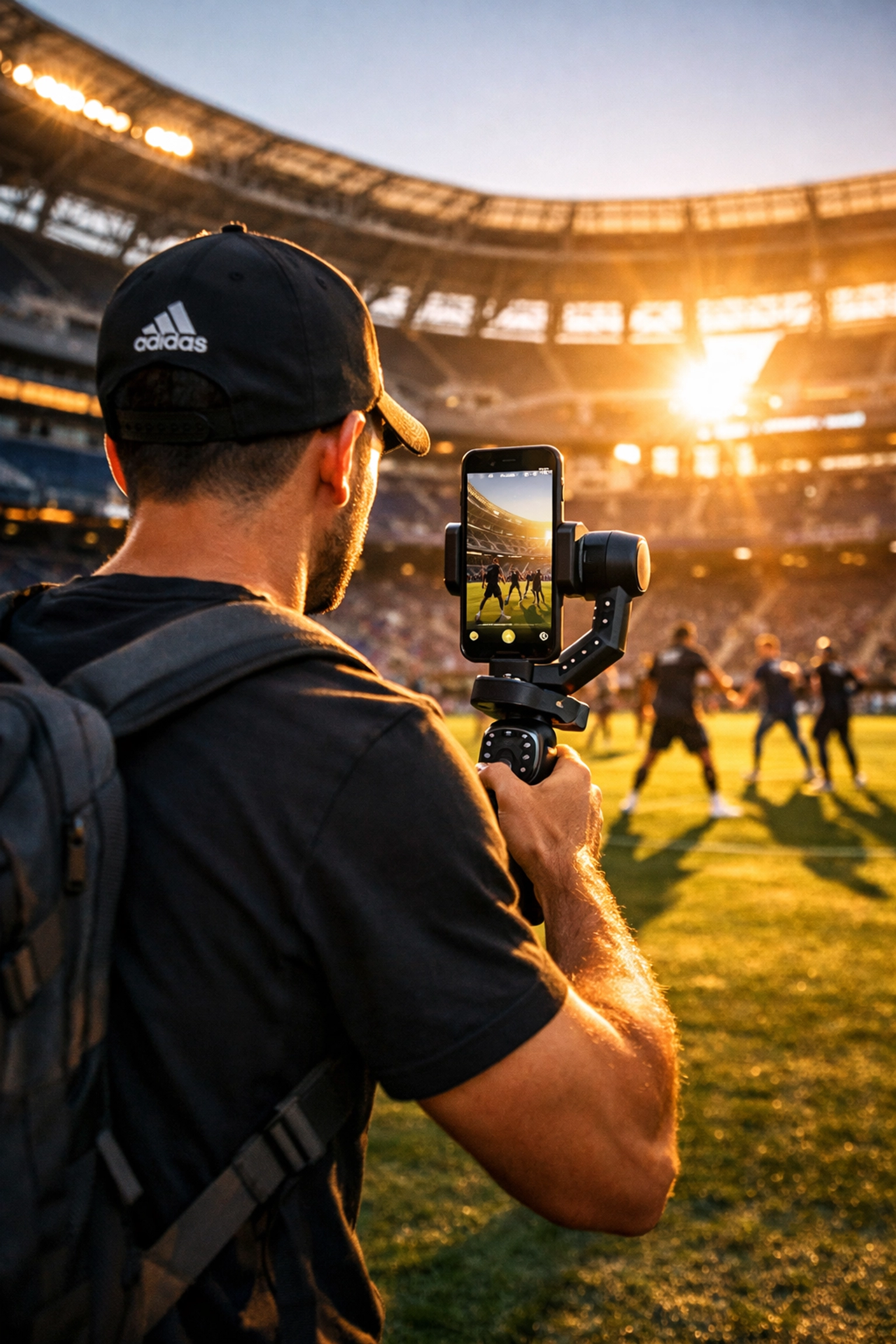 Sports content creator filming vertical video inside stadium for social media platforms