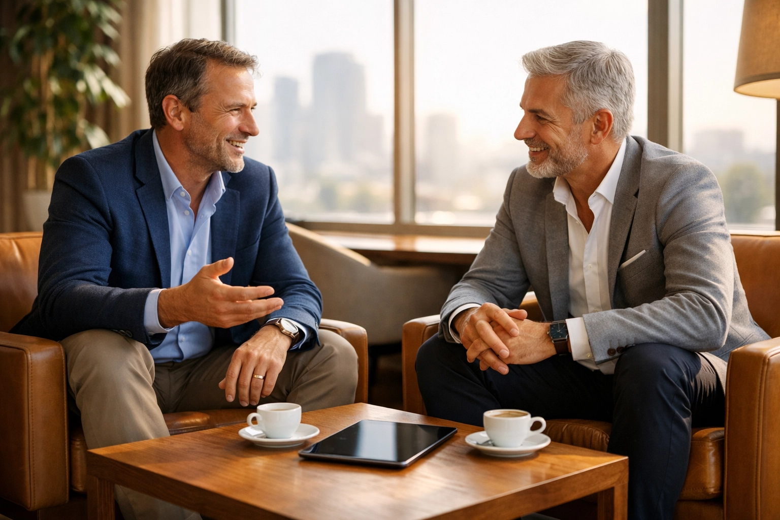 Corporate executives networking in a luxury lounge following a Super Bowl brand visibility event.