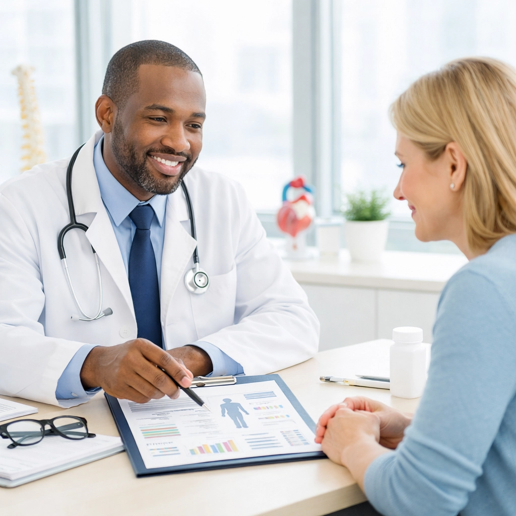 A doctor and patient during a medical weight loss assessment and consultation for personalized care.