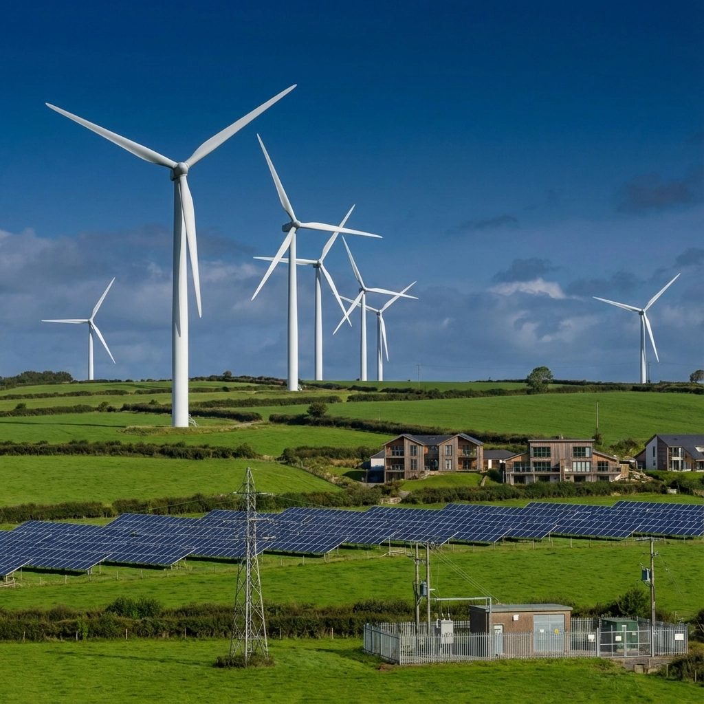 Wind turbines on green hills with solar panels in foreground, houses nearby. Clear blue sky, serene and clean energy landscape.