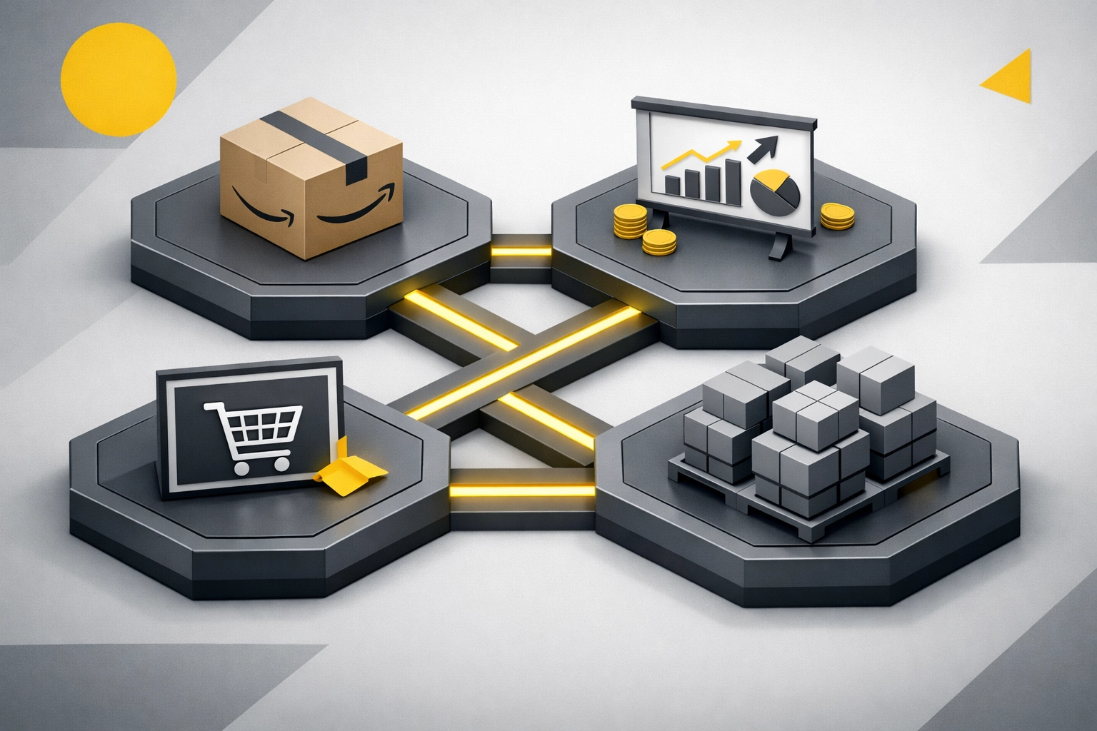Full-service Amazon agency workflow showing integrated operations from inventory to advertising