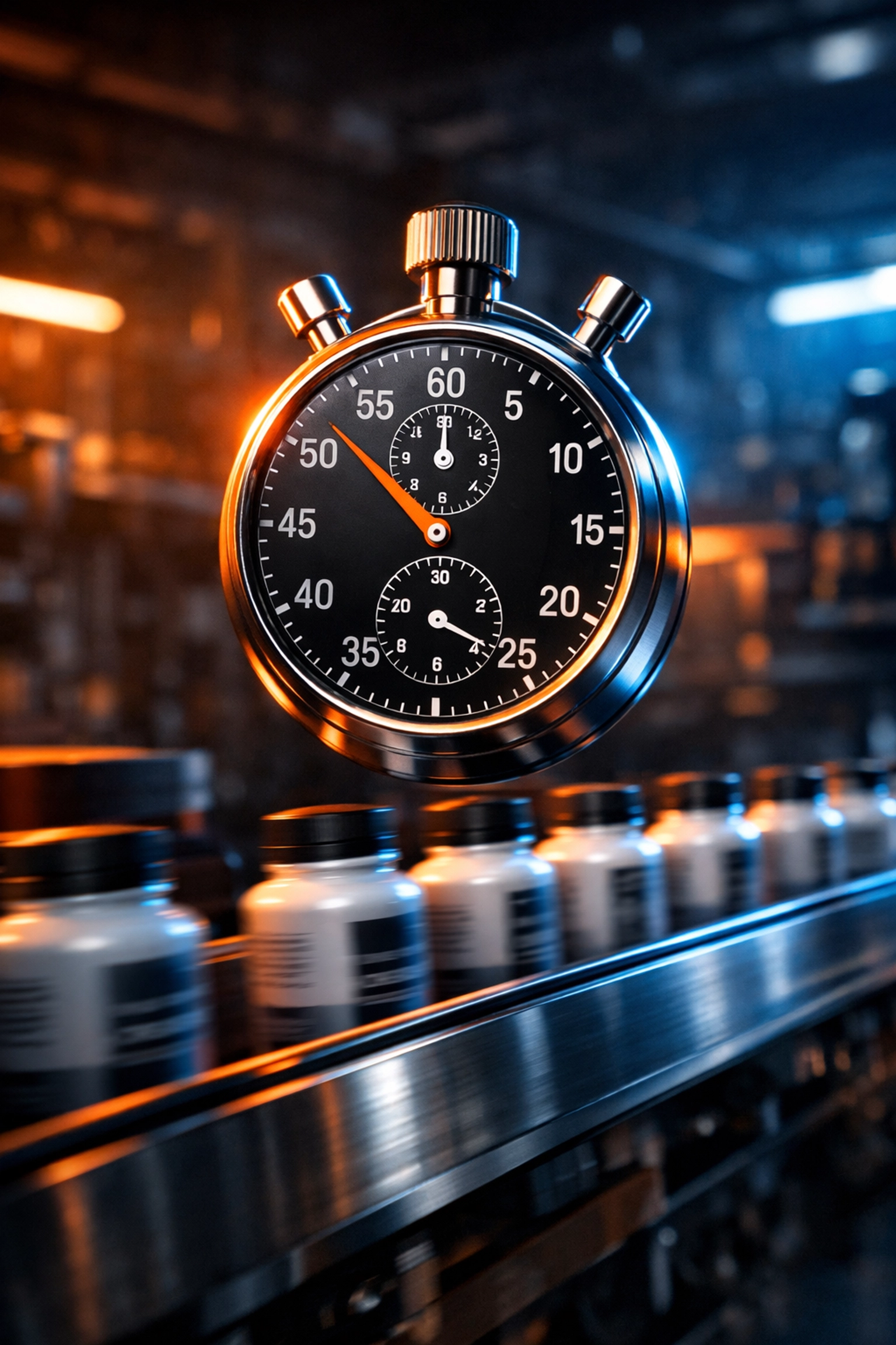 Fast supplement manufacturing lead times shown on production line with efficiency timer