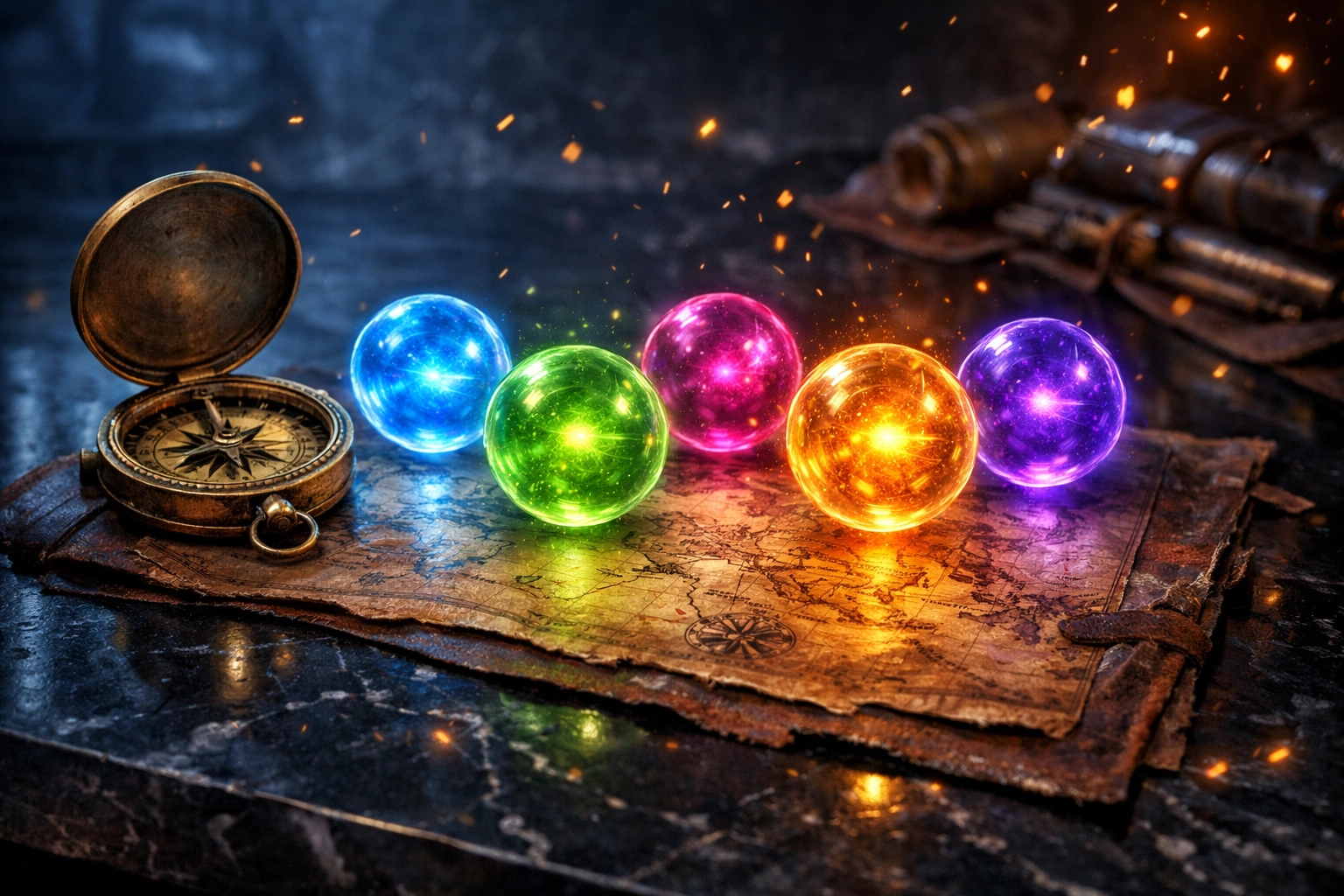 Antique compass and map with glowing orbs representing the Wide World Tour for Tigris Eden books.